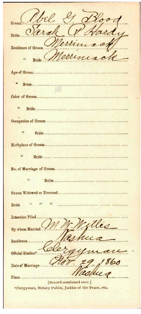 Abel Blood's marriage record