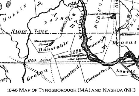 1846 map of Tyngsborough, MA, and Nashua, NH