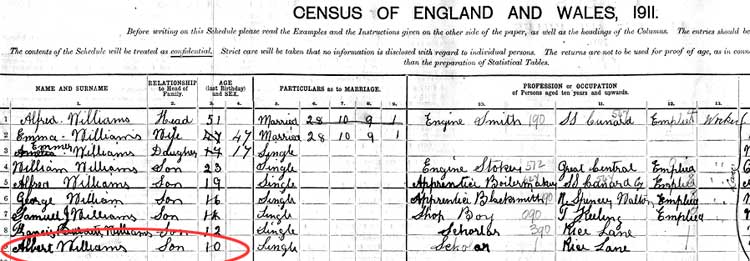 Albert Williams - 1911 census - Liverpool